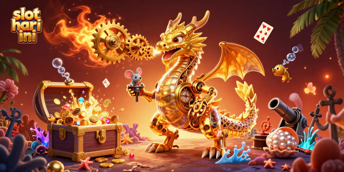Menggali slot hari ini dengan naga emas biomekanik, menyemprotkan koin emas dalam ilustrasi 3D yang menarik.