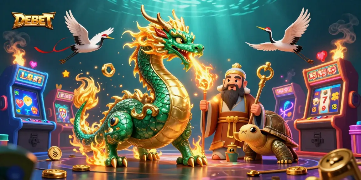 Engage with DEBET’s energy as a jade dragon, cartoon turtle sage, and lucky cranes create a thrilling casino scene.