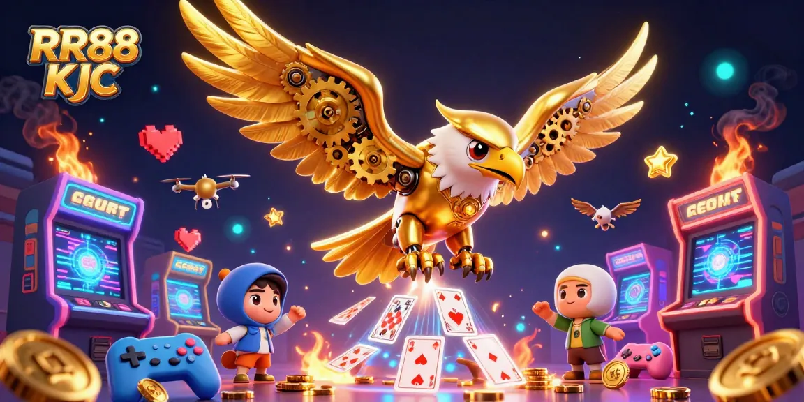 Experience thrilling gameplay at RR88 KJC with our cybernetic eagle navigating through enchanting casino cards.