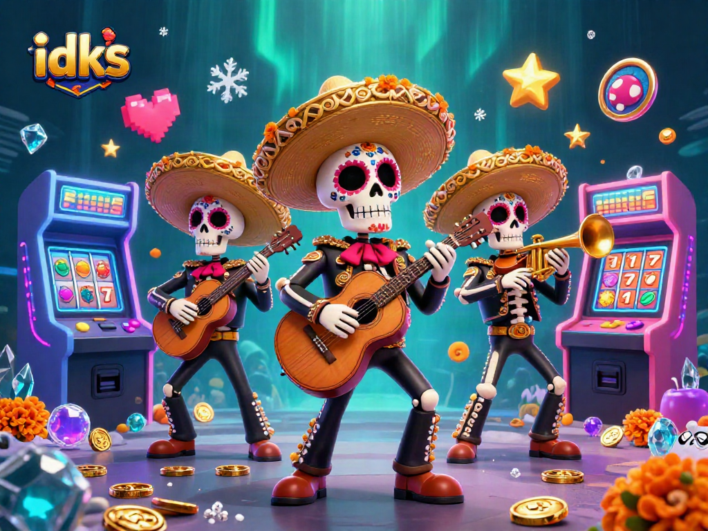 Melihat idks yang menampilkan skeleton mariachi bermain alat musik di latar belakang kasino digital.