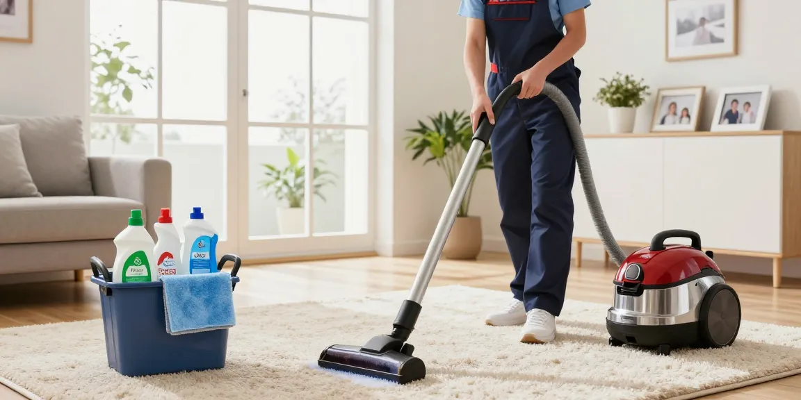 Cleaner providing professional services at https://atscleaning.co.uk/ in a tidy, bright living room.