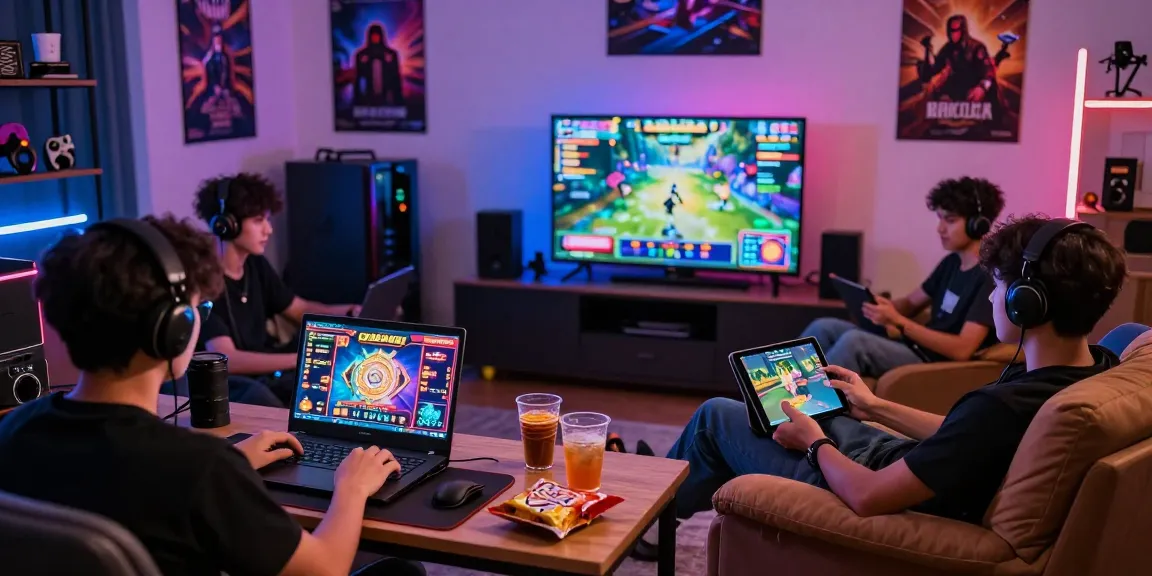Group of players enjoying slot gacor games online in a lively, modern gaming room setting with vibrant graphics.