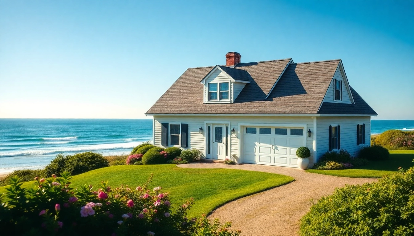 Showcasing a stunning cape cod home with an attached garage in a coastal environment.