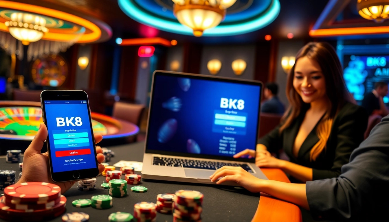Engaging users in the BK8 login experience within a luxurious casino atmosphere, showcasing excitement and professionalism.
