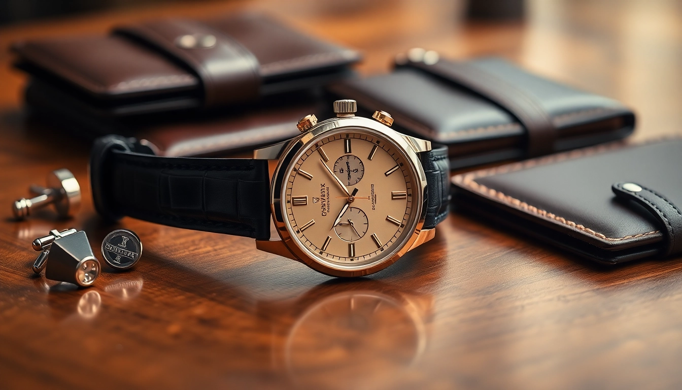 Admiring a replica watch with intricate details on a wooden table, complemented by luxury items.