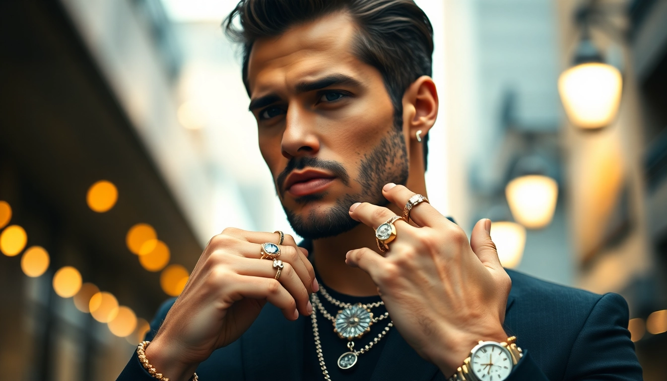 Elegant display of Men’s jewelry on a sophisticated man exuding confidence and style.