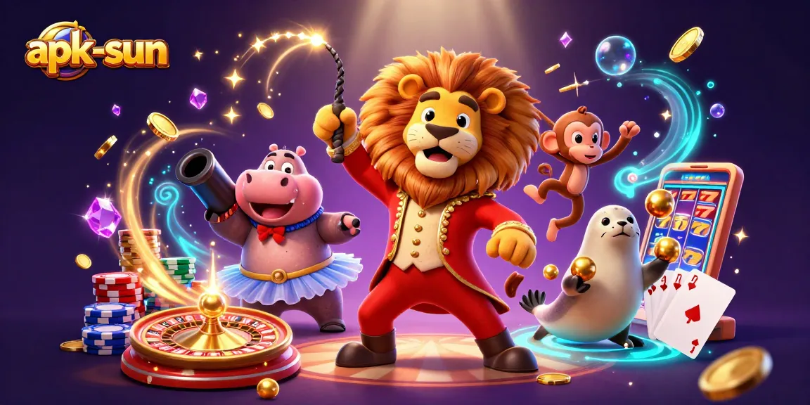 Experience winning thrills with apk-sun as a lion ringmaster, hippo, and monkey dazzle in this vibrant casino scene.