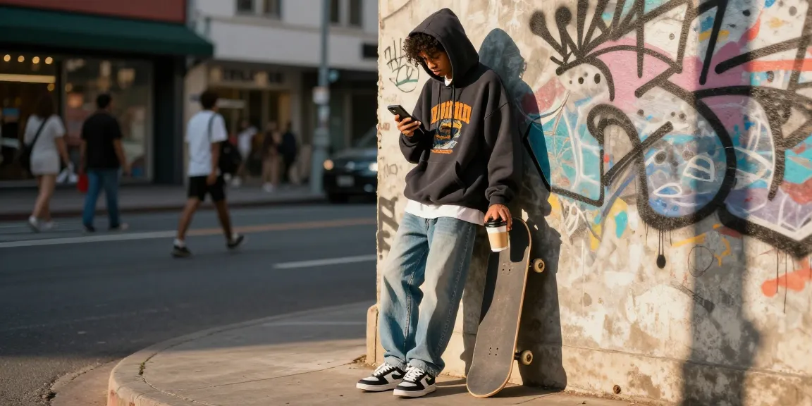 Stylish urban fashion scene featuring shs-dome5.com branded streetwear in vibrant city backdrop.