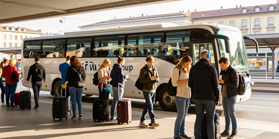 Transport Moldova Anglia cu Davo Group la stația de autobuz, călători așteptând cu bagaje.