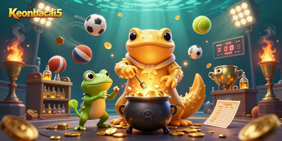Engage with the dynamic scene showcasing keonhacai5, featuring golden alchemical characters in a sports betting environment.