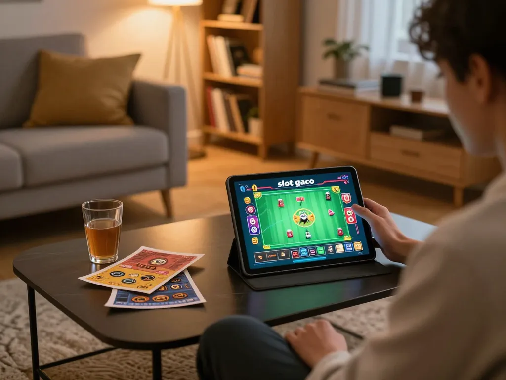 Player enjoying a slot gaco game on a tablet in a cozy home environment with strategic notes beside.