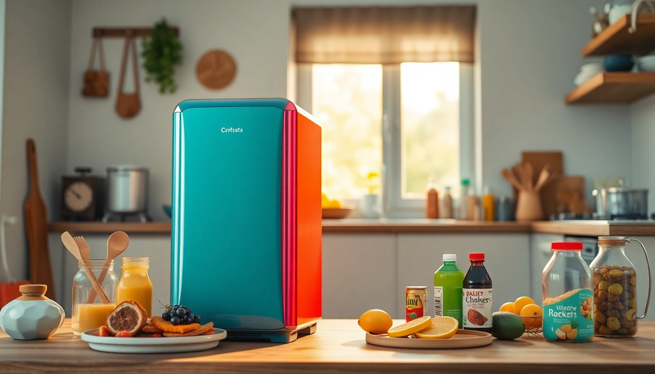 Affordable mini fridge and freezer displayed in a modern kitchen, surrounded by snacks for convenience.
