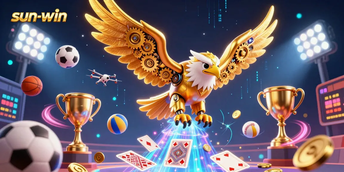 Engage with sun-win's vibrant casino scene featuring golden eagle and dynamic sports elements in an immersive 3D illustration.