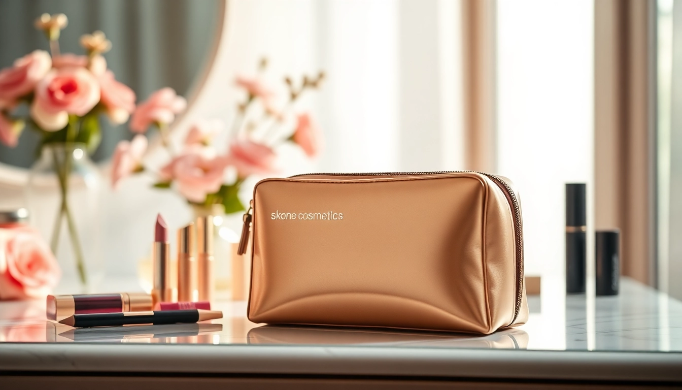 Showcase the skone cosmetics signature makeup bag filled with vibrant beauty essentials on a chic vanity.