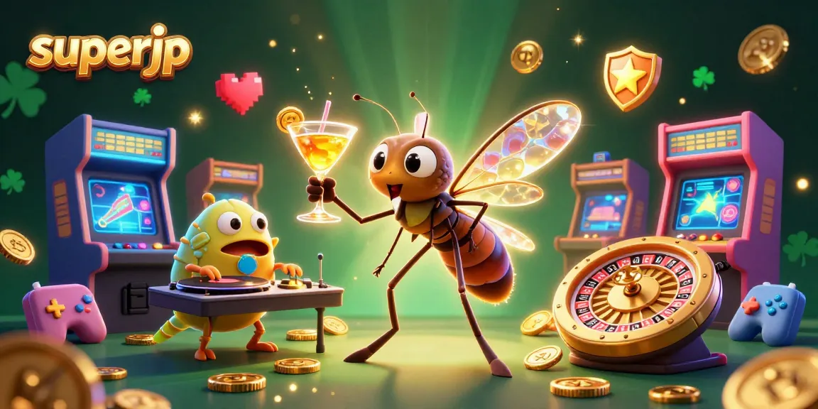 Engage with superjp, a vibrant 3D casino scene featuring a mosquito mascot and gaming elements.