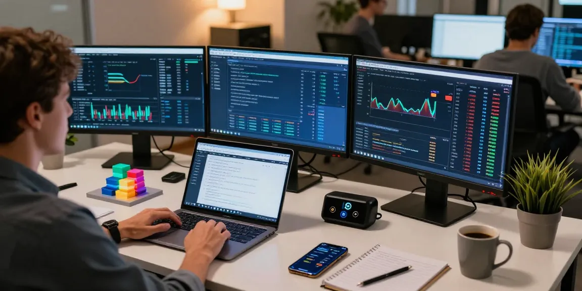 bitcoin mining contract details displayed in a professional trading workspace with multiple screens and cryptocurrency analysis tools in a modern co-working environment