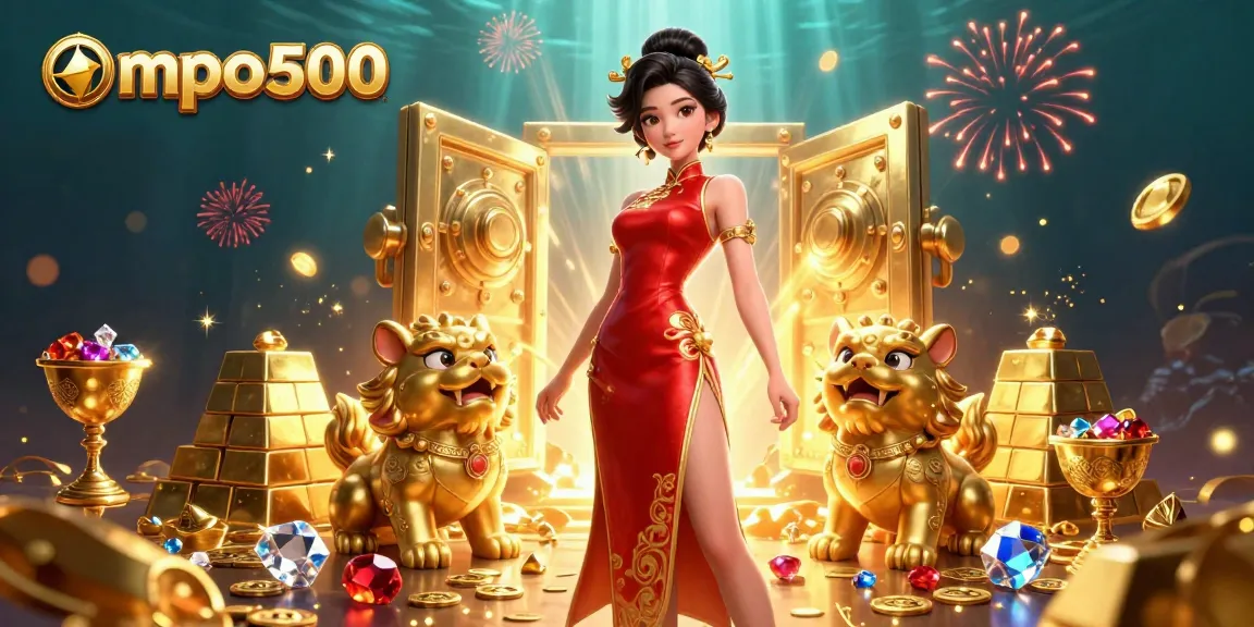 Spin and win at mpo500, featuring a glamorous woman surrounded by gaming treasures and golden foo dogs.