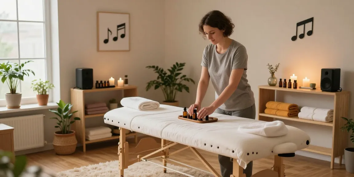 Relaxation environment at makangs.com/region/국내/서울-/마사지-스웨디시 featuring tranquil Swedish massage studio with therapist preparing for a session.