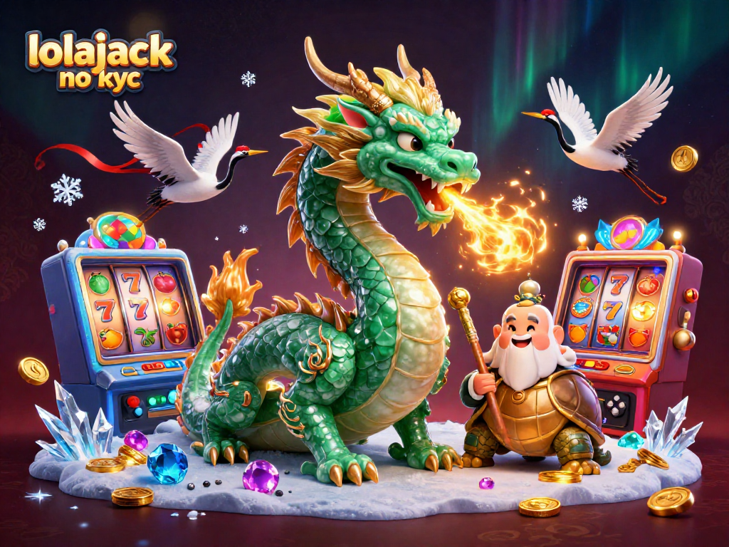 Engage in the excitement of lolajack no kyc with a vibrant dragon, sage, and lucky cranes depicting a dynamic casino scene.