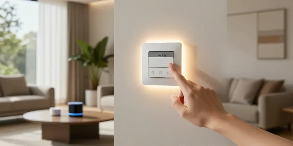 Touch switch panel in a stylish living room controlling lighting for a smart home.