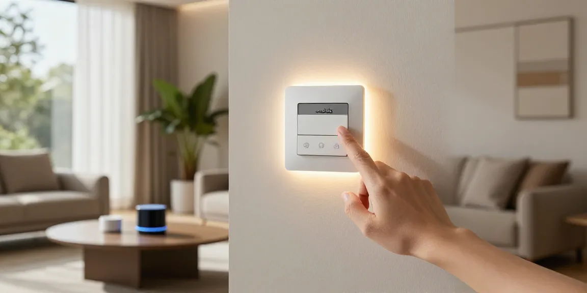 Touch switch panel in a stylish living room controlling lighting for a smart home.