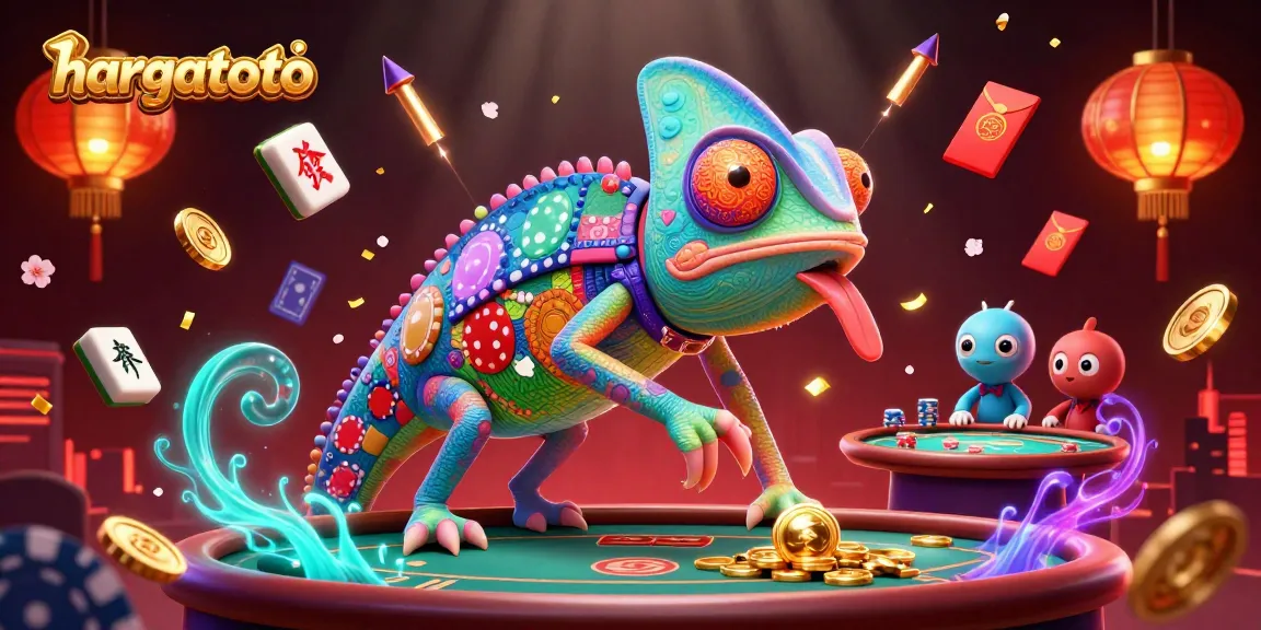 Engage with hargatoto's dynamic casino experience featuring vibrant chameleon and festive elements.