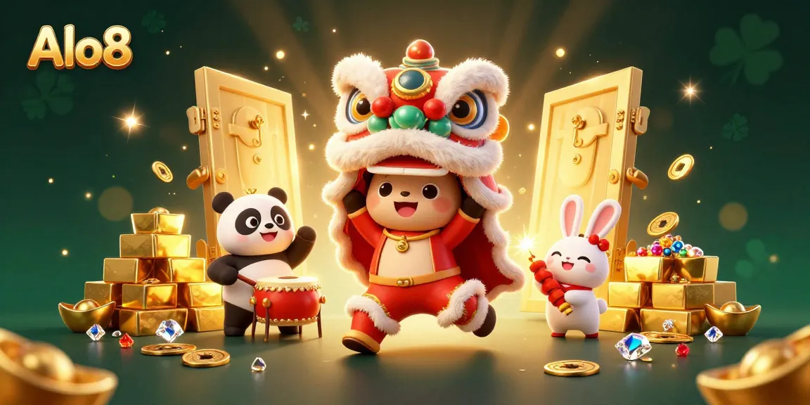 Experience thrilling casino fun at Alo8 with vibrant lion dance and treasure-filled celebration.