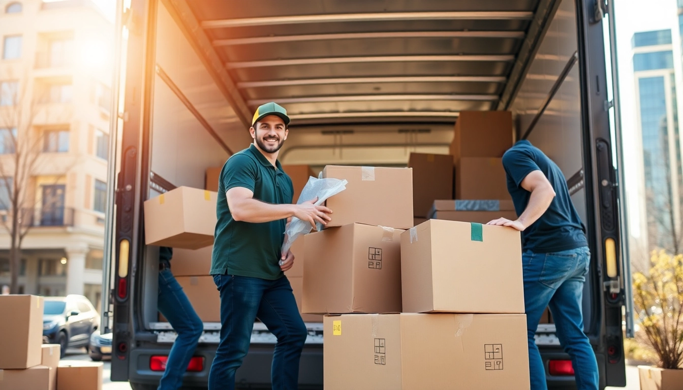 Efficient movers providing moving services edmonton in a bright urban setting, ensuring a reliable process.