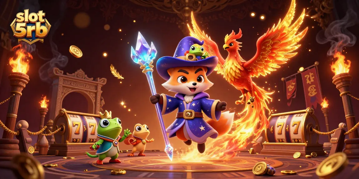 Play exciting slots with slot 5rb in this dynamic gambling scene featuring magical characters.