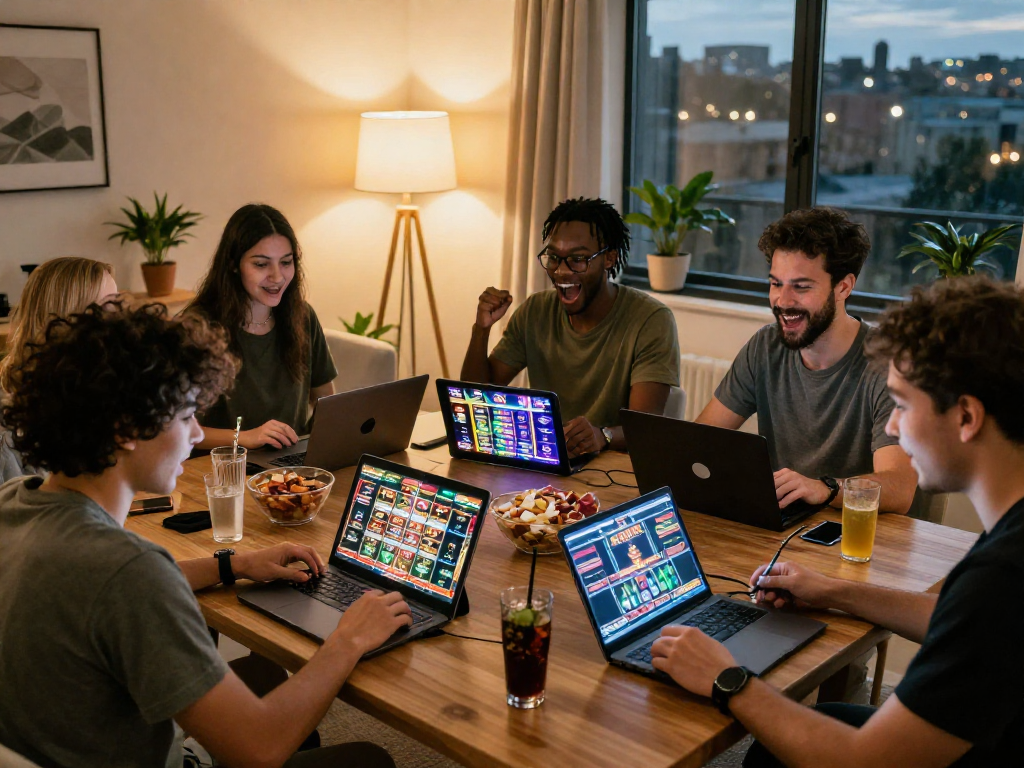 Engaged players exploring non UK registered casinos in a cozy home setting with warm lighting.