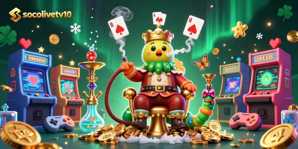 Socolivetv10 offers a vibrant casino scene with a unique caterpillar character in a Turkish sultan outfit.