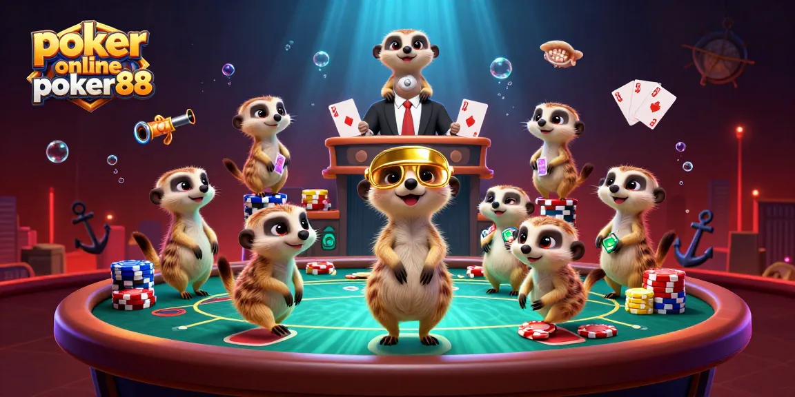 Poker online poker88 showcases a vibrant 3D scene with meerkats running a casino operation amidst lively poker elements, emphasizing strategic gameplay.
