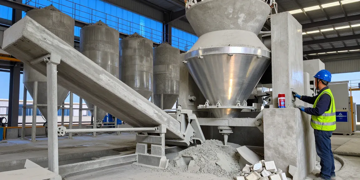 Worker managing NAGA2000 concrete production in modern industrial facility.