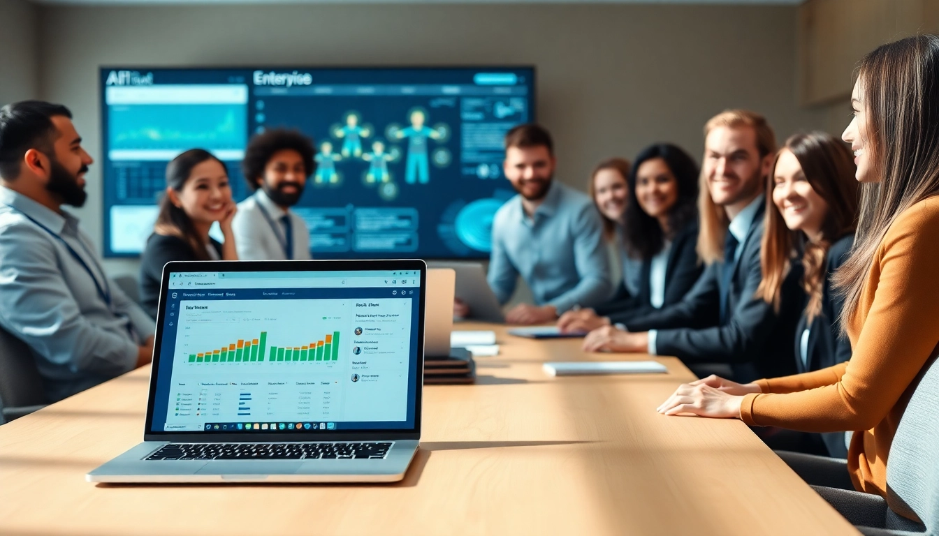 Engaging scene showing an enterprise ai assistant enhancing team productivity with interactive tools and digital insights.