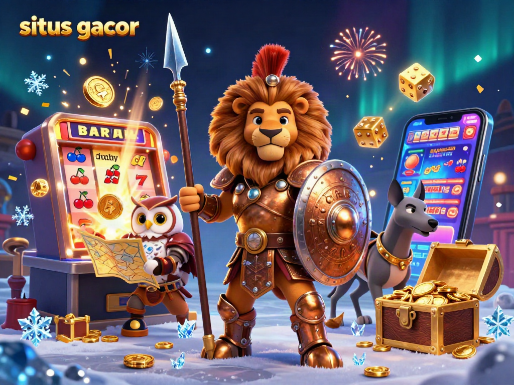 Situs gacor showcases a dynamic casino scene with a Spartan lion and rolling golden dice.