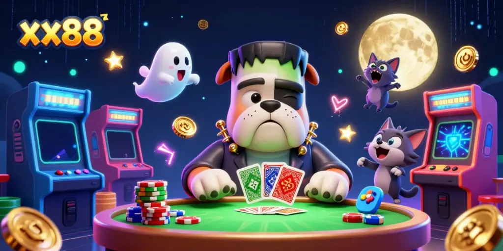 Experience xx88 gameplay with a Frankenstein bulldog dealer, ghost mouse, and werewolf kitten at a haunted casino.