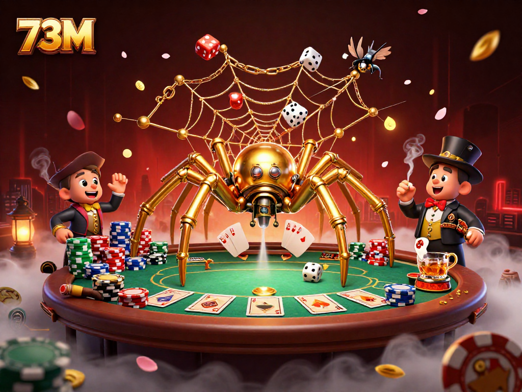Ilustração 3D do 73M mostrando uma aranha dourada e um gentil-homem em um cenário de cassino vibrante.