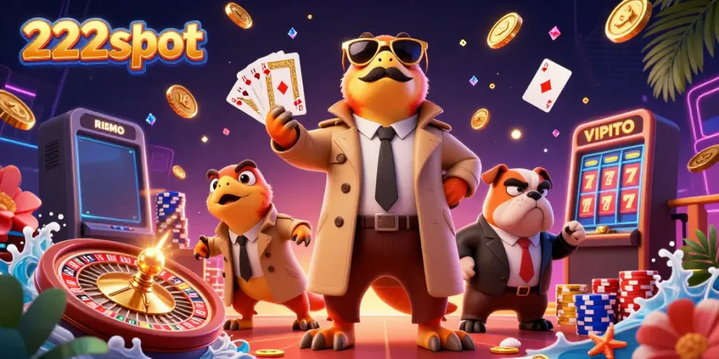 Memenangkan permainan slot di 222slot dengan berbagai elemen kasino berkilau.