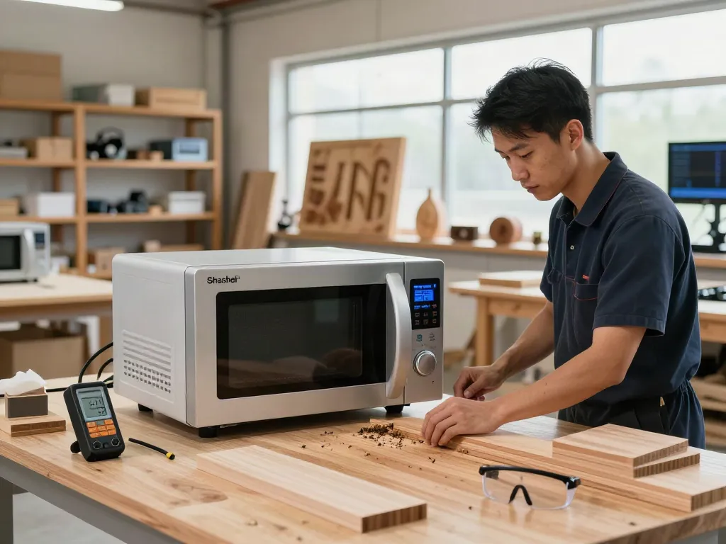 SHASHEL® microwave equipment eliminating wood-boring insects in a professional workshop.