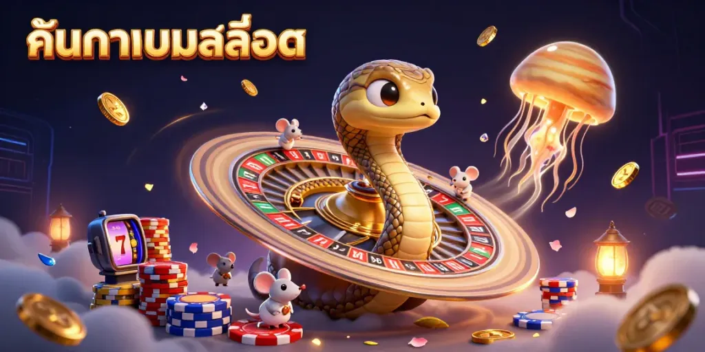 Experience the thrill of ค้นหาเกมสล็อต with a cosmic casino scene featuring vibrant characters and gaming elements.