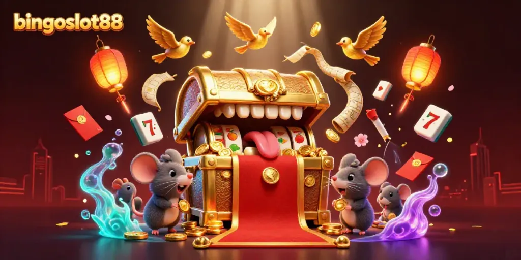 Bingoslot88 mengajak pemain menemukan keseruan slot dengan peti harta karun berwarna emas.