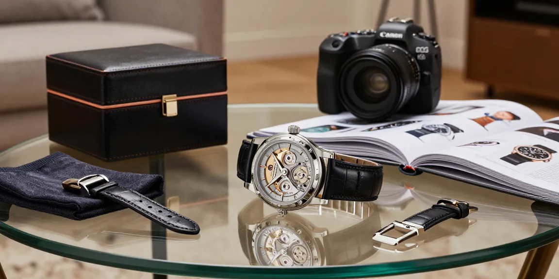 Exquisite replica watch showcased elegantly on glass table, highlighting intricate details of super clone craftsmanship.