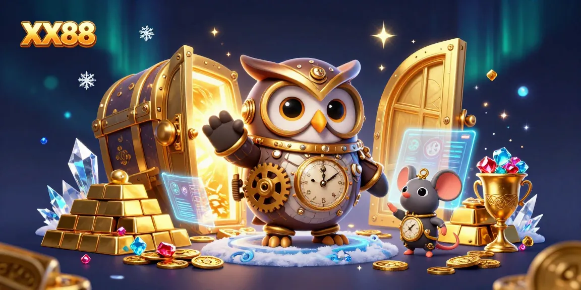 Engage in thrilling gameplay with XX88, showcasing steampunk owl and clockwork mouse amidst dazzling casino treasures.