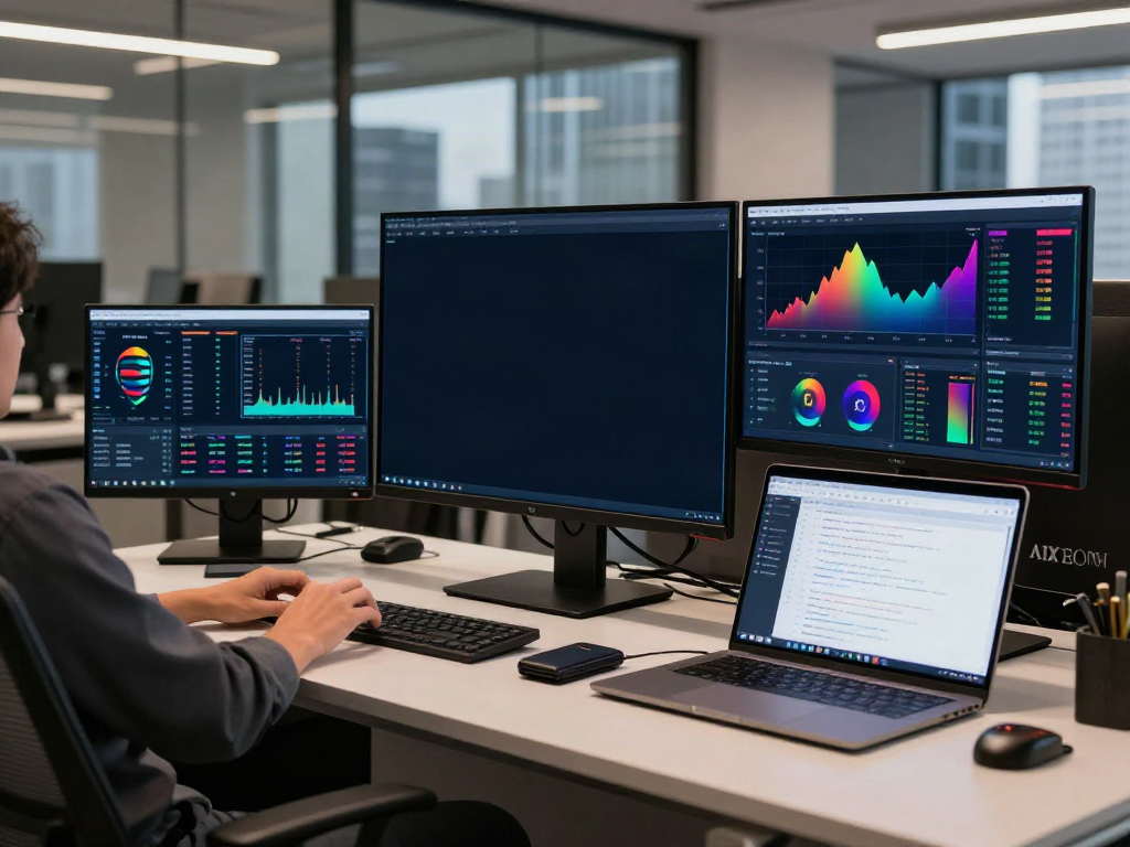 FIX API market data displayed on multiple screens in a modern cryptocurrency trading office.