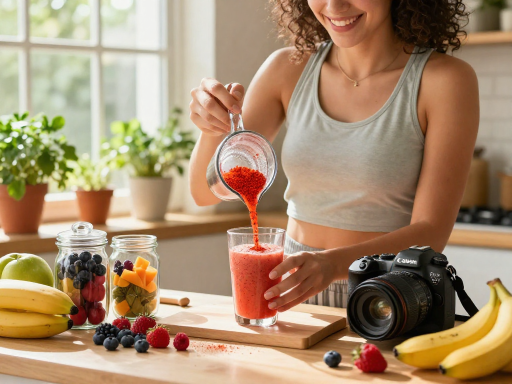 Preparing a healthy smoothie with vegan astaxanthin supplement in a sunlit kitchen.