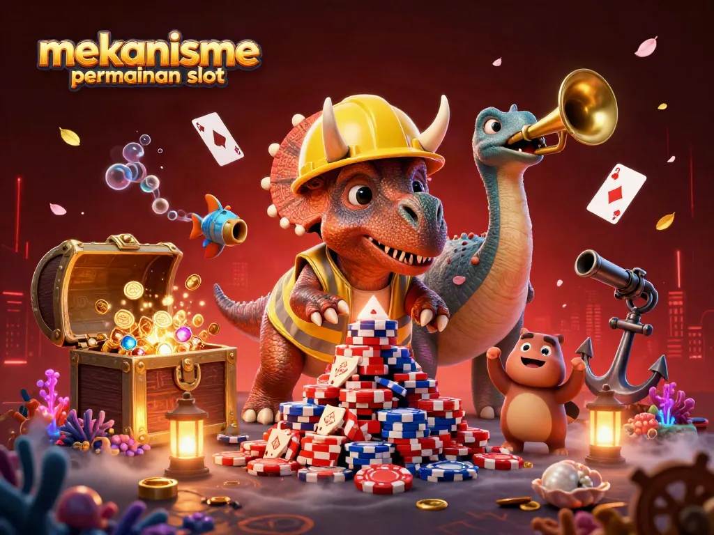 Mekanisme permainan slot yang diperlihatkan dengan dinosaurus kartun beraksi di kasino, membangun tumpukan chip poker.
