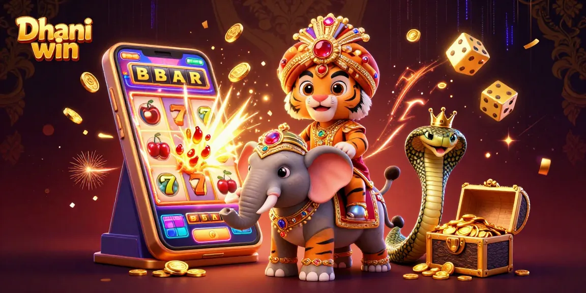Experience thrilling gameplay on Dhani win with a vibrant illustration featuring a maharaja tiger and jackpot elements.