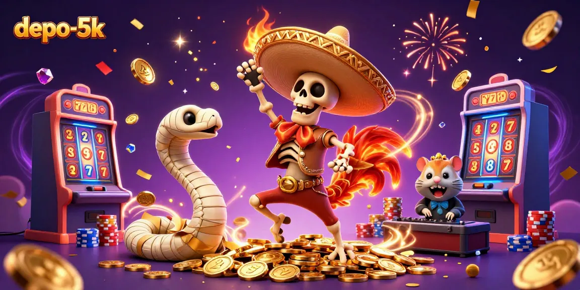 Engage in thrilling gameplay at depo-5k with vibrant 3D casino characters amid cascading slots and festive coins.