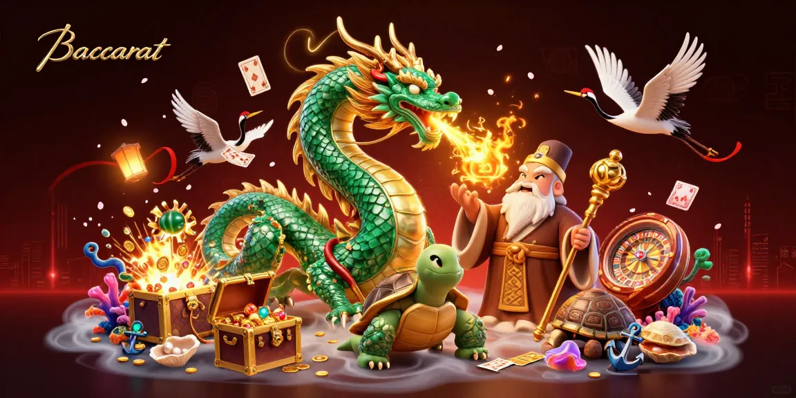 Baccarat scene featuring a jade dragon, turtle sage, and lucky cranes, enhancing casino excitement.