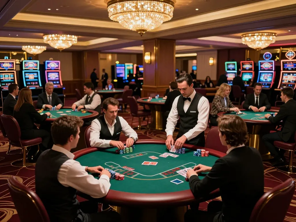 Experience the action at RR88 KJC casino with excited players at poker tables and vibrant atmosphere.